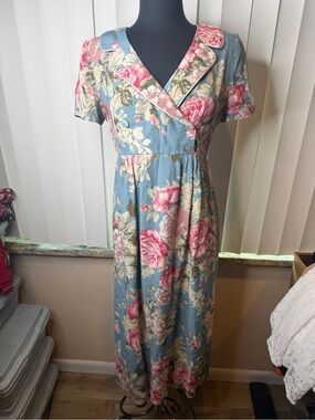 Vintage Positive Attitude Blue Floral Maxi Dress with Pink Roses Size 6